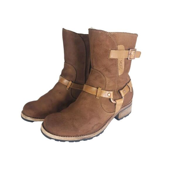 Ugg Women's Endell US 7 Brown Suede Sheepskin Lined Side Zip Moto Biker boots - Picture 1 of 16